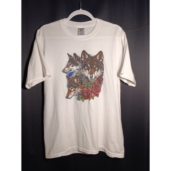 Vintage Other - Wolf Trio Bling Eyes Roses White Graphic Shirt Women’s Large Streetwear Y2K Tee